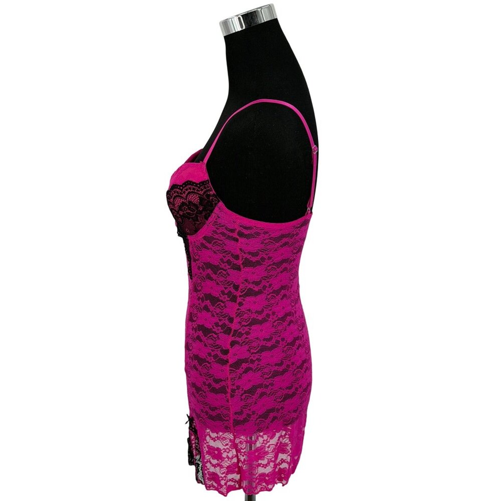 Hot Pink & Black Lace Push-Up Mini Slip Dress Lingerie M| Y2K Barbiecore Boudoir - Picture 5 of 13